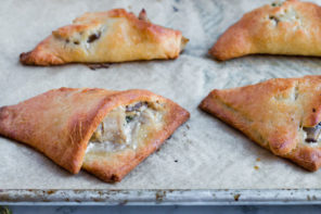 Keto chicken pot pie turnovers fully baked on baking tray