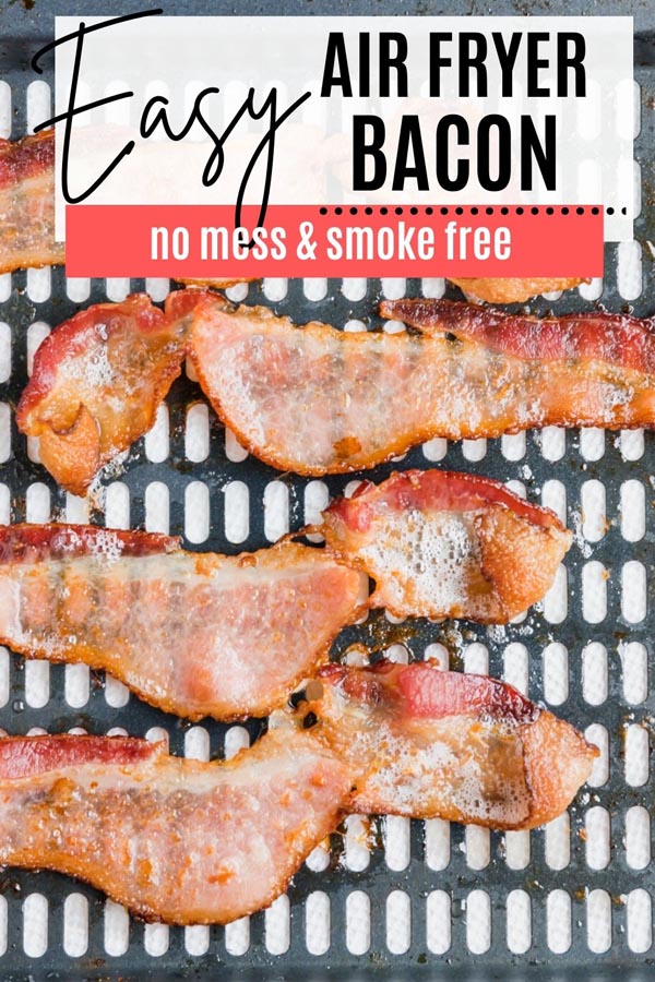 juicy cooked bacon sitting in an air fryer basket