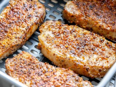 Juicy pork chops in an air fryer basket.