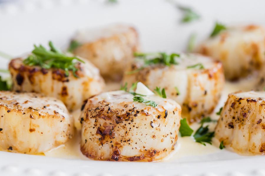 large scallop with a keto sauce and parsley on top