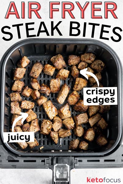 Looking into an air fryer basket with cooked nuggets of steak inside.