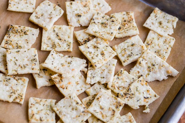 low carb herb crackers on a baking tray