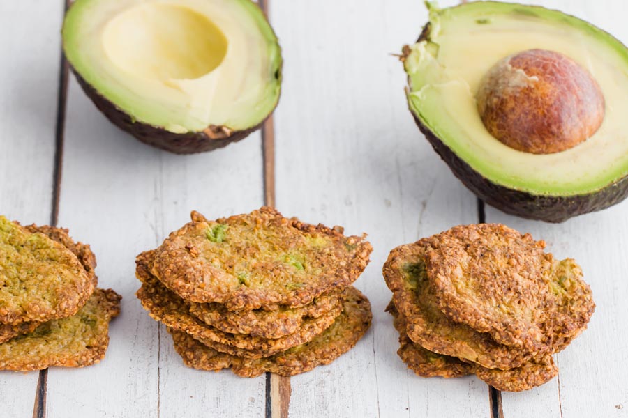 keto chips lined up with avocado