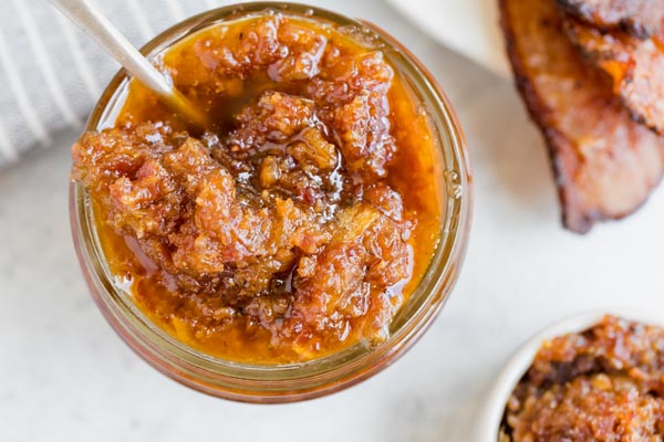looking into a jar of candied bacon jam