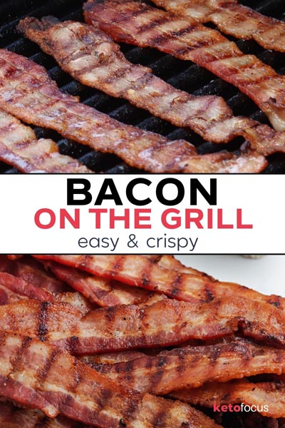 two images, the first is six bacon strips cooking on a grill, the second is cooked bacon in a pile