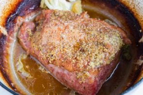 mustard glaze on top a corned beef brisket