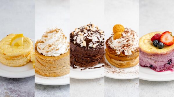 Five baked yogurt flavor variations including lemon cheesecake, pumpkin pie, chocolate peanut butter, tiramisu, and mixed berry.