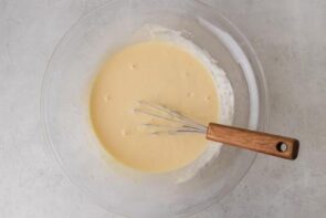 Greek yogurt, eggs, sweetener, protein powder, almond flour, vanilla, and salt whisked together for baked yogurt.