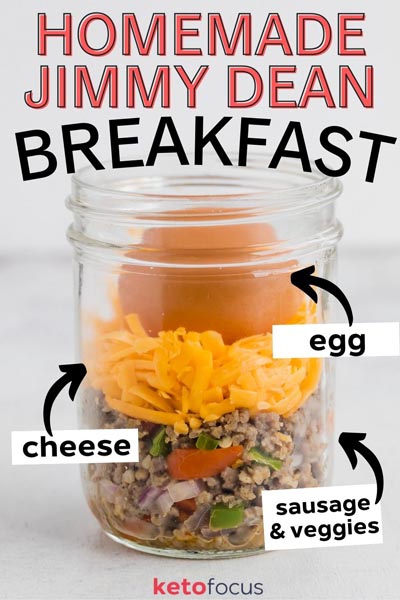 Close up of a meal prep jar showing the layers of the breakfast bowl - the sausage and bell pepper layer, the cheese layer and the egg layer.