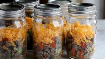 Jars containing layers of a breakfast bowl inside.
