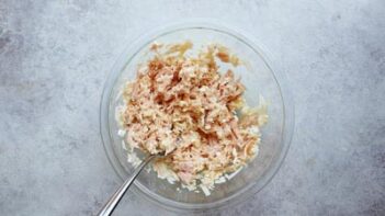 Shredded canned chicken mixed with cottage cheese, egg, and shredded cheese to make high-protein chicken nuggets.