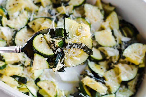 upclose of cooked zucchini in casserole dish