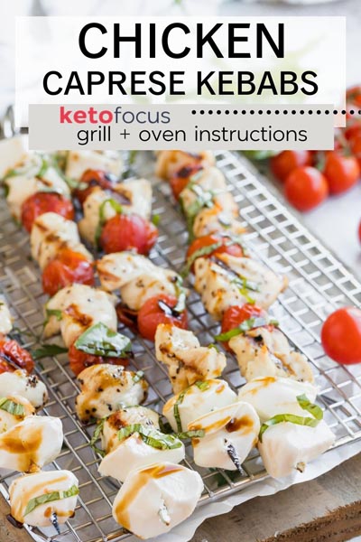 grilled chicken caprese kebabs on a rack