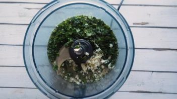 herbs and garlic in a food processor bowl