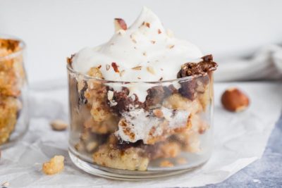 whipped cream on top of warm gooey chocolate dump cake