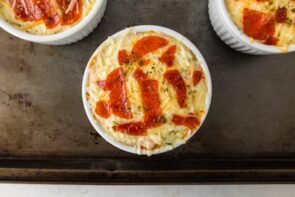 Bake pizza bowl on a baking sheet.