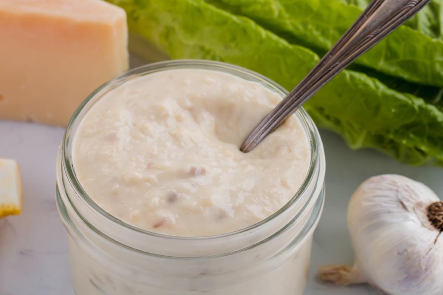 keto caesar salad dressing in a jar