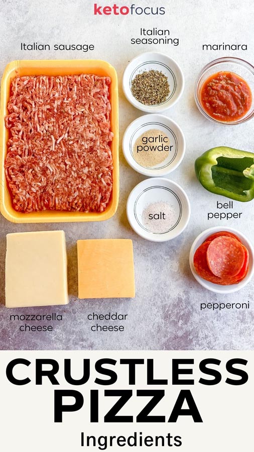ingredients for crustless pizza pictured and labeled as italian sausage, italian seasoning, garlic powder, salt, marinara, bell pepper, pepperoni, mozzarella cheese and cheddar cheese