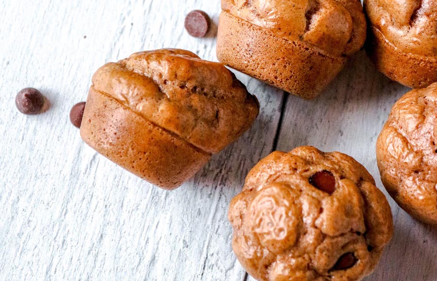 close up of a fluffy chocolate chip muffin