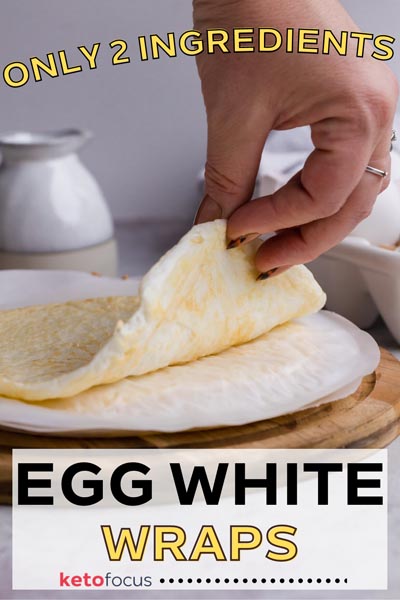 A hand holding an egg white wrap with eggs in the background.