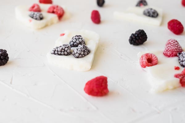chunks of yogurt bark on the counter with scattered berries