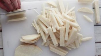 cutting jicama into shoestring fries