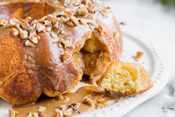 a bite out of a piece of monkey bread that was pulled out