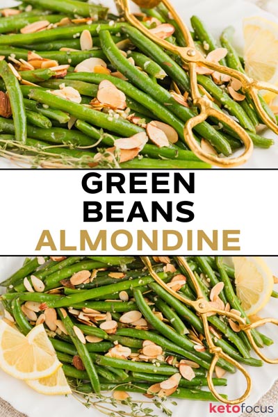 two images of green beans almondine on white plates