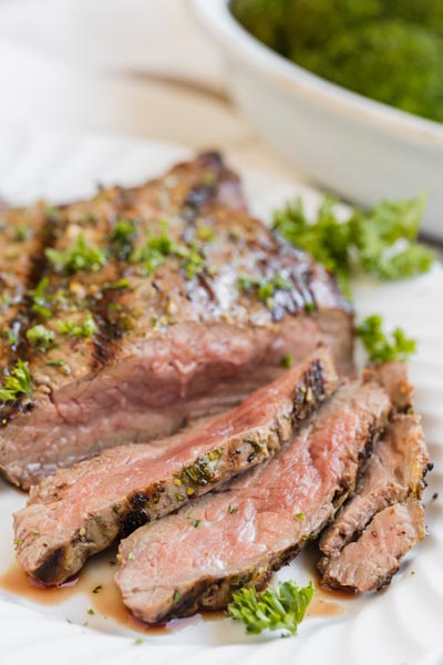 Juicy, tender slices of steak on a plate with parsley sprinkled on top.