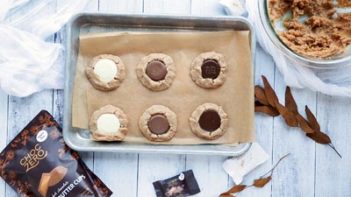 baked peanut butter cup cookies on a tray