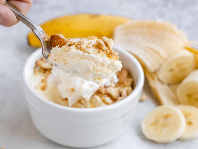 A spoonful of thick healthy banana pudding.
