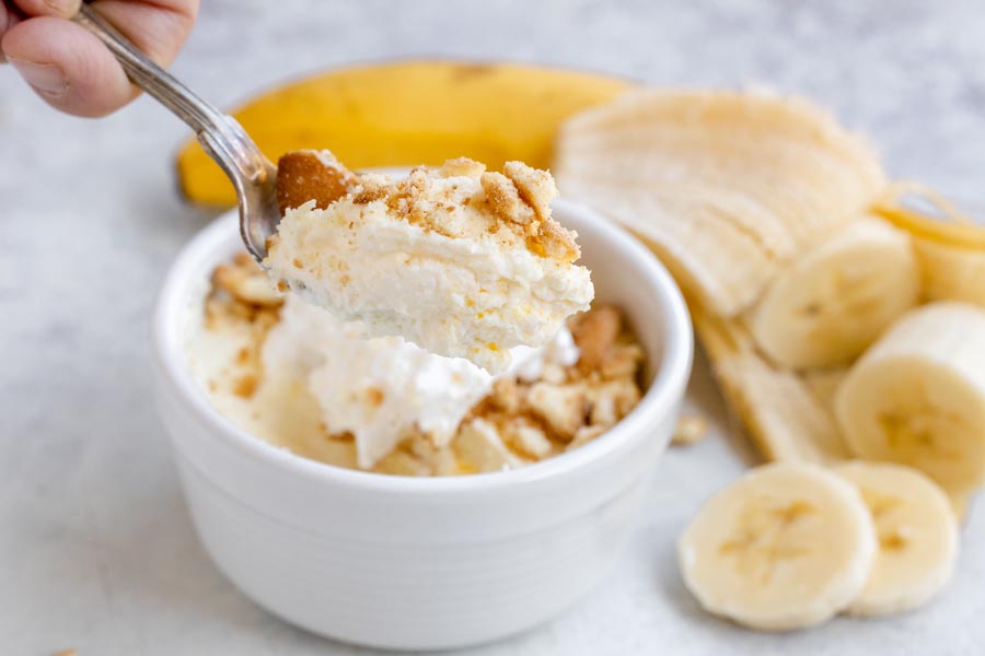 A spoonful of thick healthy banana pudding.