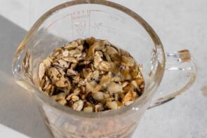 Dried mushrooms soaking in warm water to soften for homemade cream of mushroom soup.