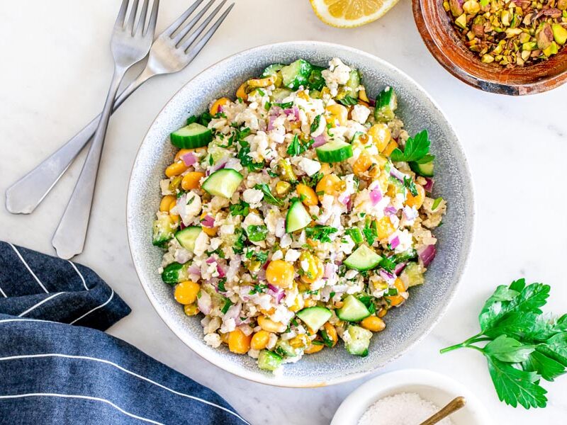 Jennifer Aniston salad with lupini beans, pistachios, feta, cucumber, mint and red onion.