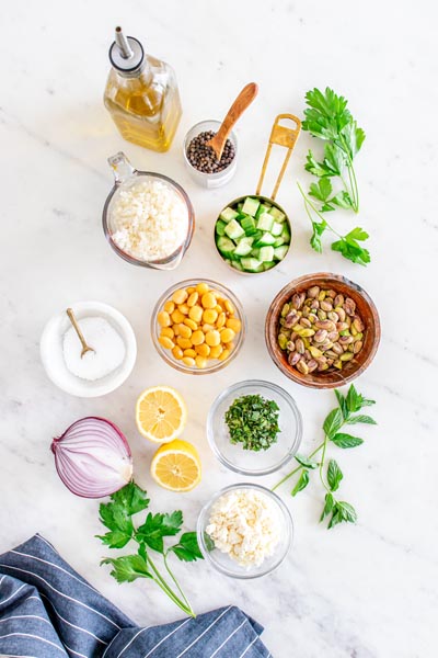 Ingredients grouped together for the Jennifer Aniston salad.