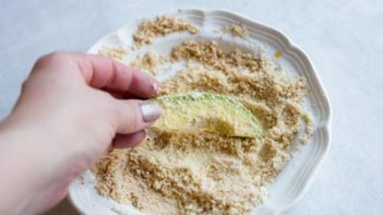 avocado slice coated with almond flour