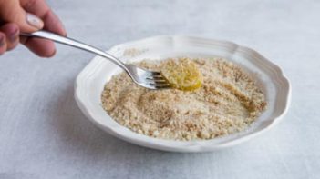 pickle dusted with almond flour in a bowl