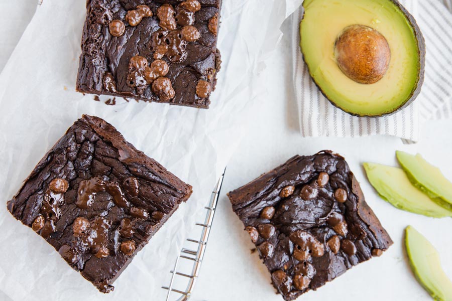 overhead view of chocolaty keto brownies with avocado slices spread around