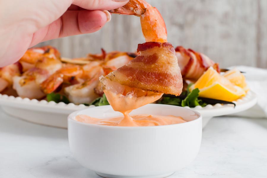bacon wrapped shrimp dipped in mayo