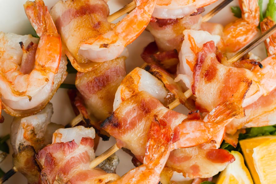 close up of bacon wrapped shrimp