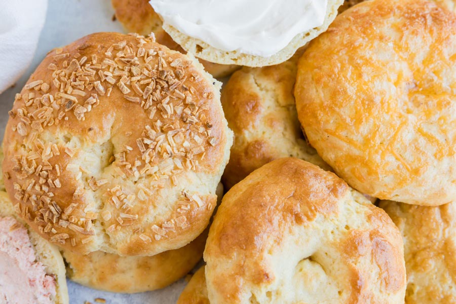 a spread of different bagels stacks on each other