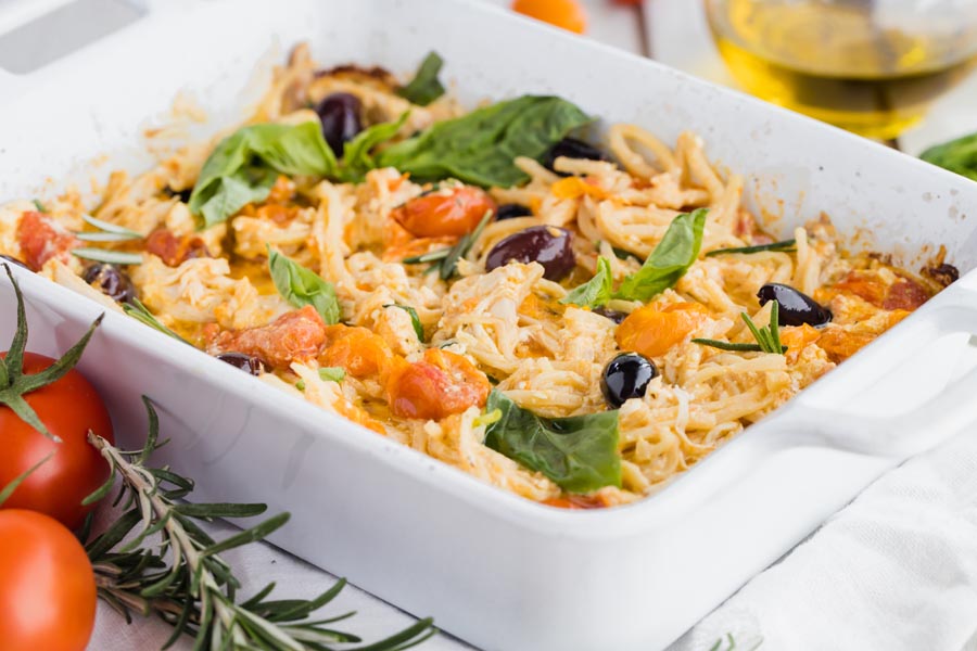 baked low carb noodle casserole with chicken and olives