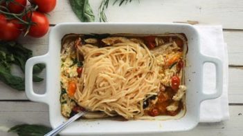 hearts of palm noodles tossed onto feta tomato casserole