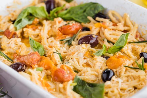 pasta casserole with keto noodles, olives, tomatoes and basil