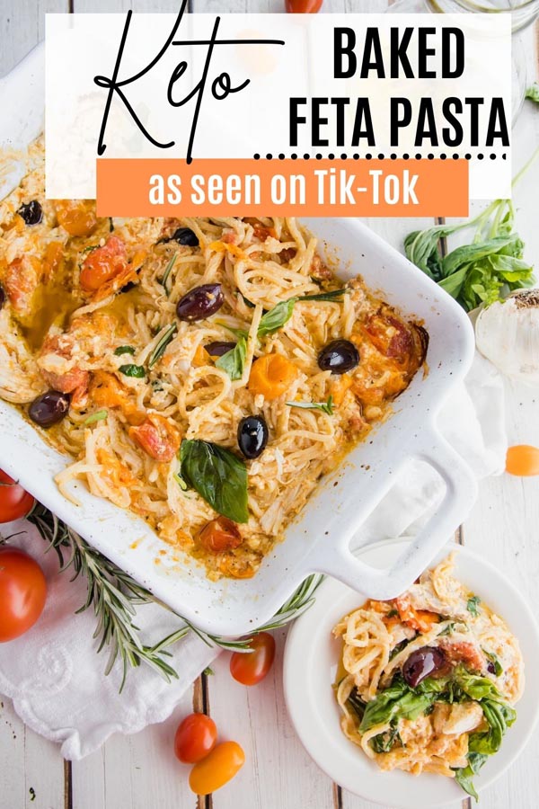 a pasta casserole with a plated pasta and olives next to it