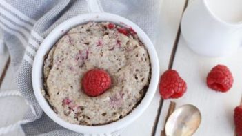 looking down on a bowl of baked oatmeal with berries