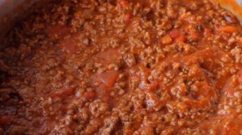 Meaty red sauce with cooked tomatoes.