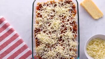 An unbaked casserole made from pasta, marinara sauce and cheese.