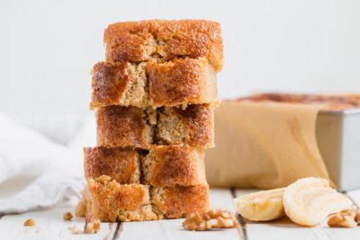 slices of keto banana nut bread stacked up