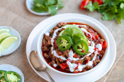 bowl of keto chili cooked in an instant pot